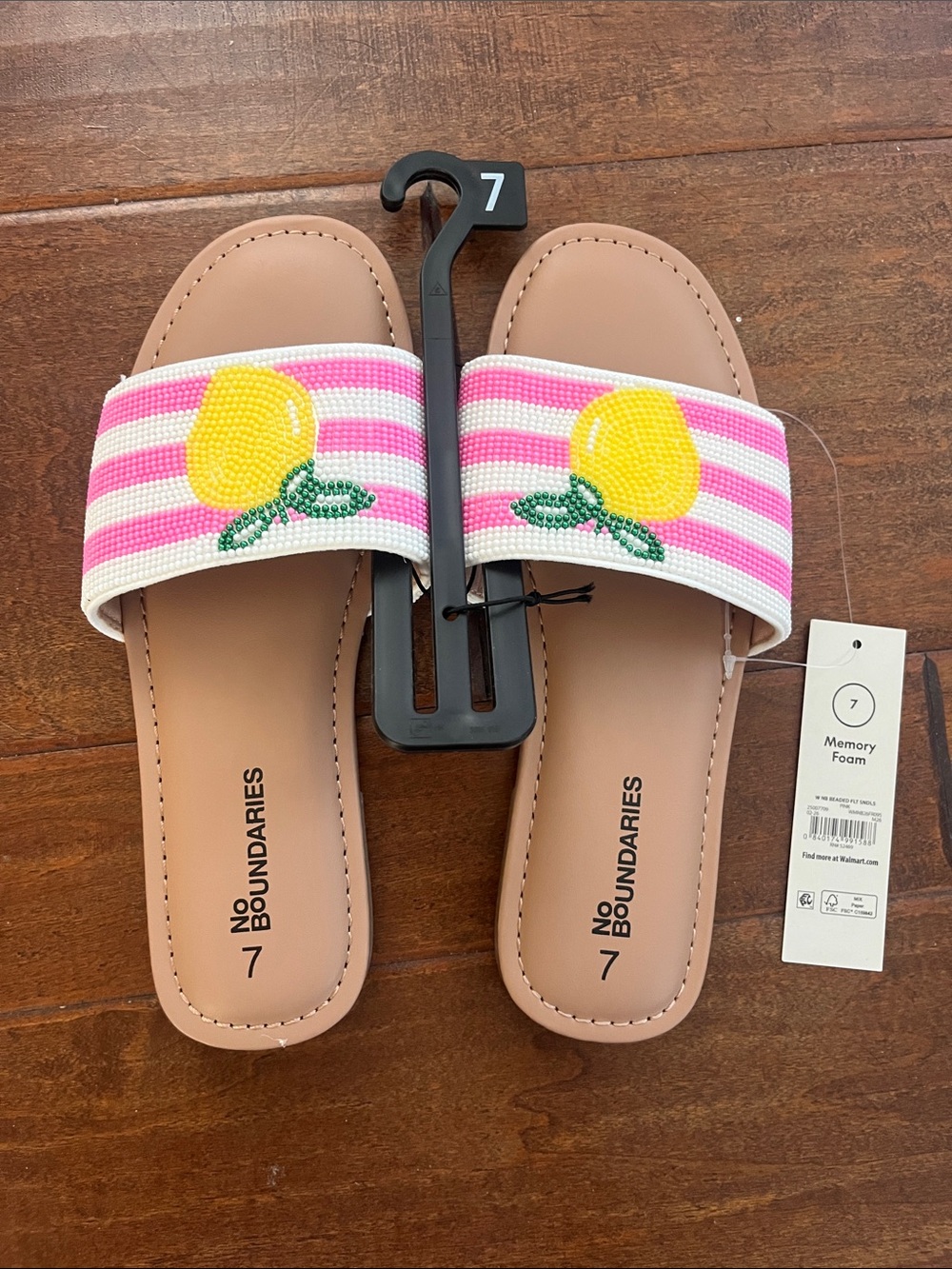 No Boundaries Pink and White Striped Lemon Bead Slide Sandals